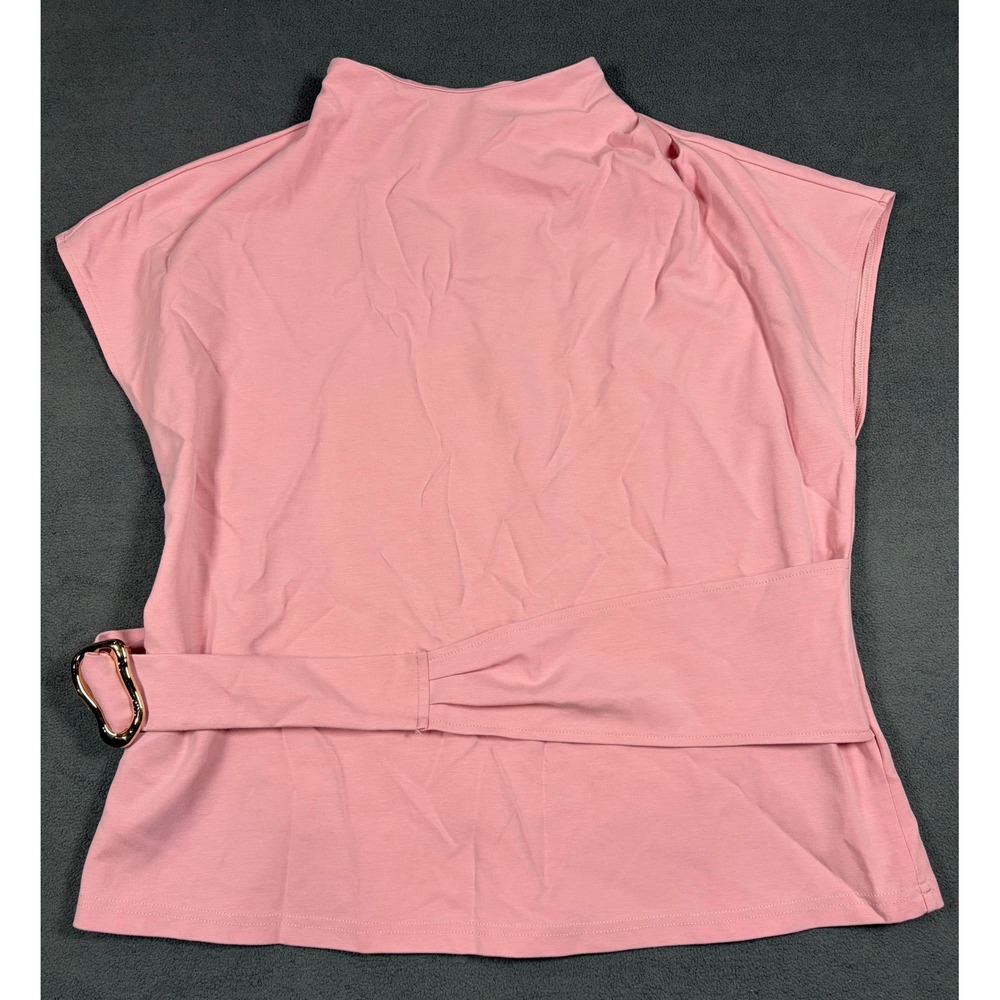 PrettyGarden Top Women Large Pink Mock Neck Belted Sleeveless Blouse